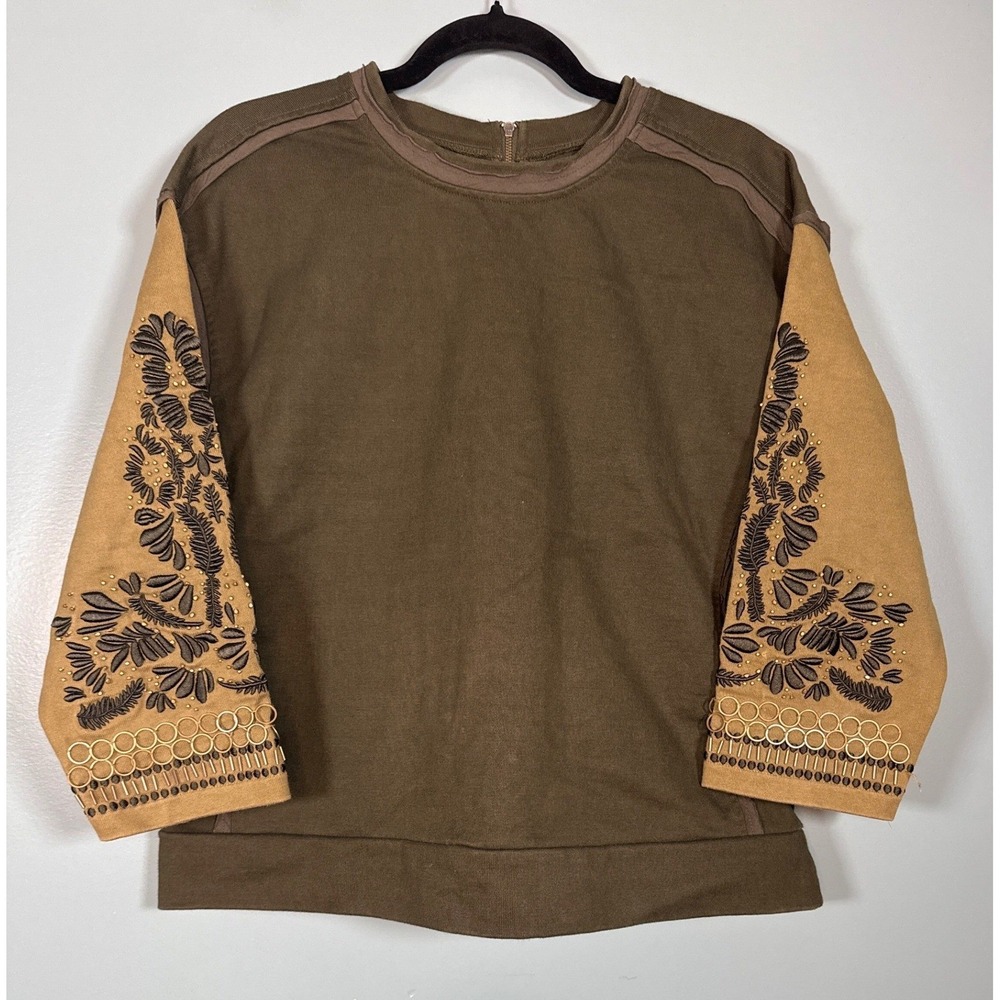 Madewell Olive Green Embroidered Beaded Boxy Sweatshirt Top Women's Medium